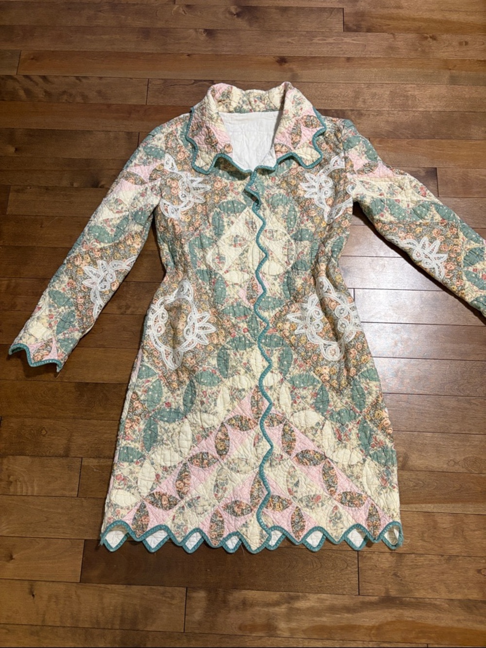 Vintage Quilted Patchwork Coat Dress in Mint, Pink & Cream